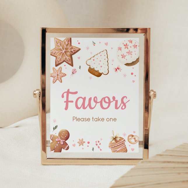 Pink Christmas Little Cookie Baby Shower Favours Poster (Christmas Little Cookie Gingerbread Baby Shower Favors Sign)