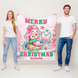 Pink Christmas Mermaid Personalized Kids Name Fleece Blanket