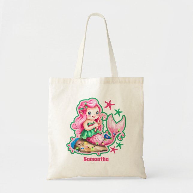 Pink Christmas  Mermaid Personalized Kids Tote Bag (Front)