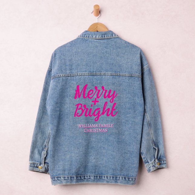 Pink Christmas Merry Bright Family name Denim Jacket (Hangar)