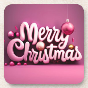 Pink Christmas Merry Christmas holiday 3D font Coaster