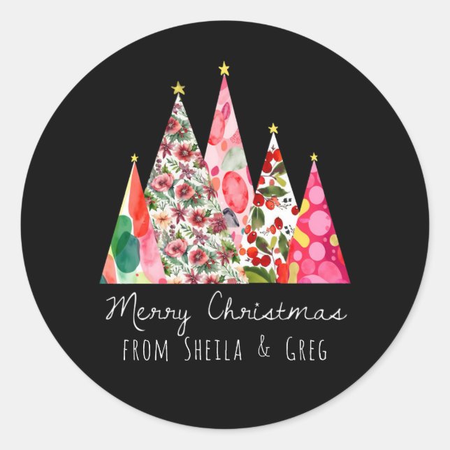 Pink Christmas Modern Elegant Trees Classic Round Sticker (Front)