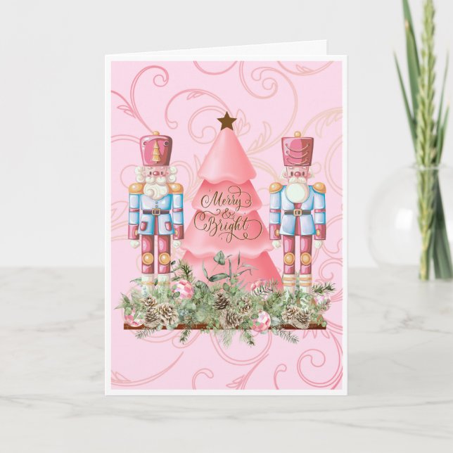 Pink Christmas Nutcracker and Tree Christmas Card (Front)