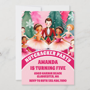 Pink Christmas Nutcracker Ballerina Kids Birthday Invitation