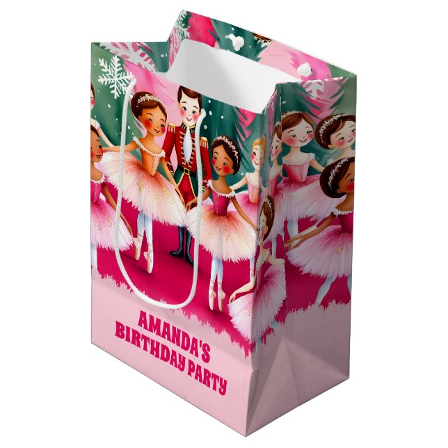Pink Christmas Nutcracker Ballerina Kids Birthday Medium Gift Bag (Front Angled)