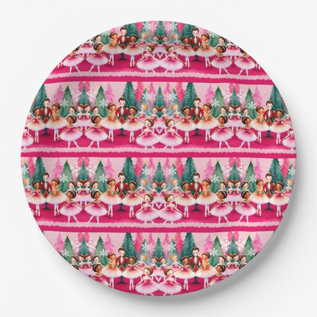 Pink Christmas Nutcracker Ballerina Kids Birthday  Paper Plate (Front)