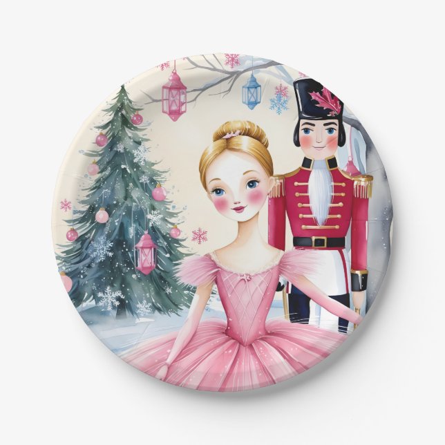 Pink Christmas Nutcracker Ballet & Ballerina  Paper Plate (Front)