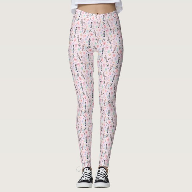 Pink Christmas Nutcracker, Gingerbread & Snowmen Leggings (Front)