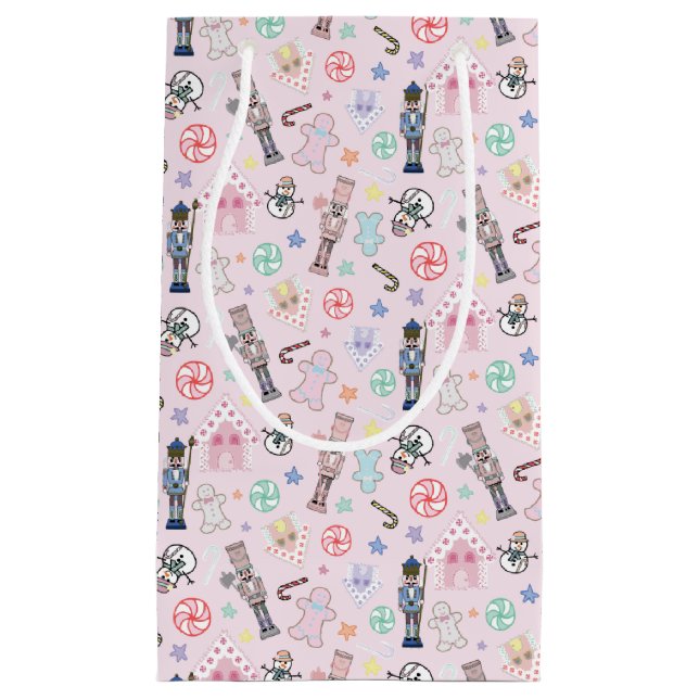 Pink Christmas Nutcracker, Gingerbread & Snowmen  Small Gift Bag (Front)