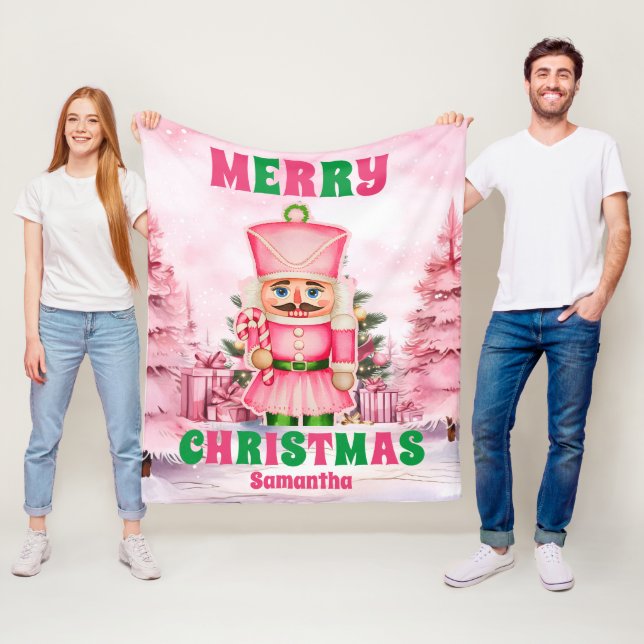 Pink Christmas Nutcracker Personalized Kids Name Fleece Blanket (In Situ)
