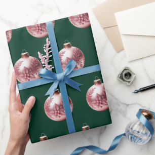 Pink Christmas ornament Forest Green Wrapping Paper