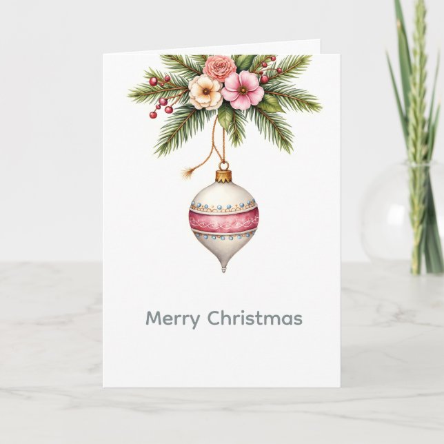 Pink Christmas Ornament Holiday Card (Front)