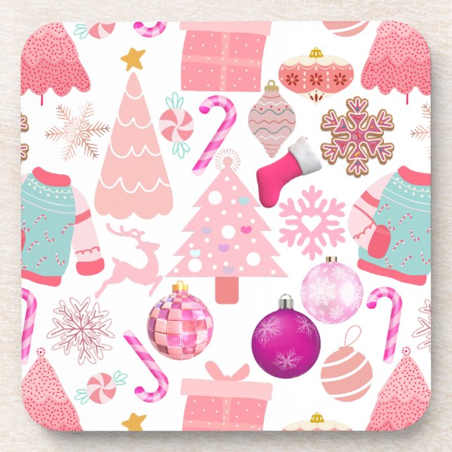 Pink Christmas Ornament Pattern Coaster (Front)