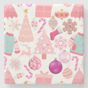 Pink Christmas Ornament Pattern Stone Coaster