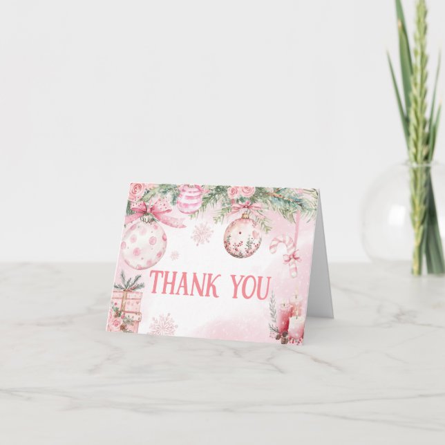 Pink Christmas Ornaments Winter Baby Shower Thank You Card (Front)