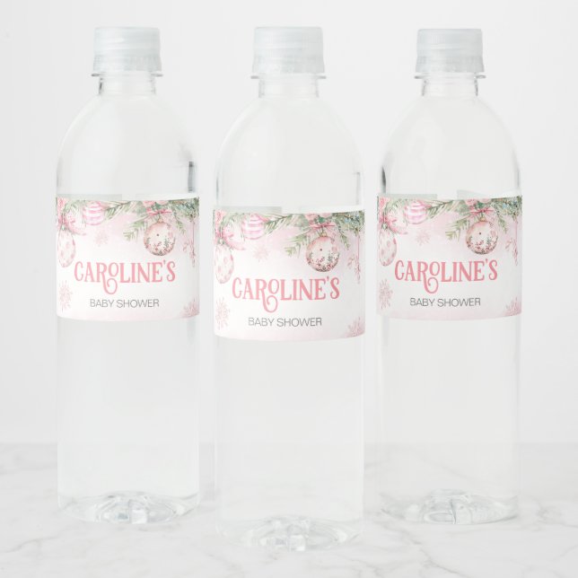 Pink Christmas Ornaments Winter Baby Shower Water Bottle Label (Bottles)
