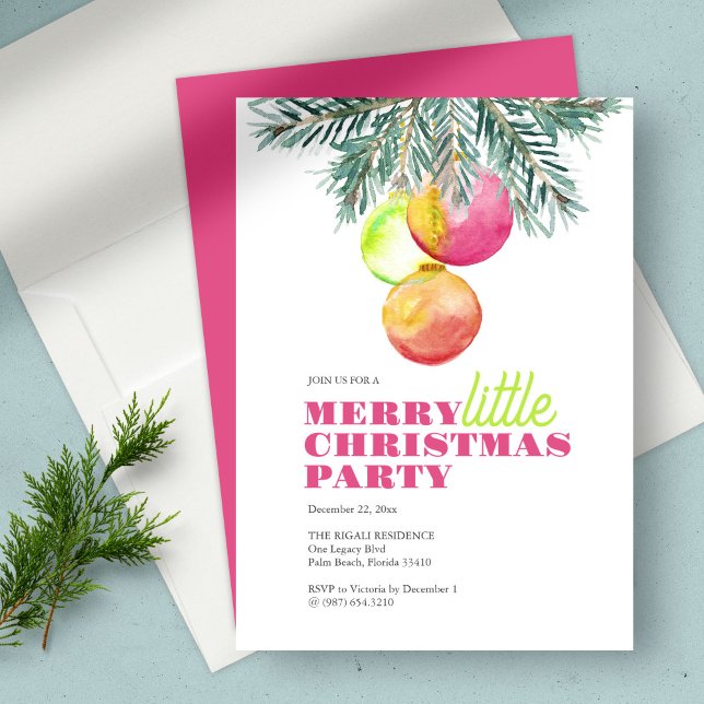 Pink Christmas Party Invitation Unique Watercolor (Christmas party invitation features unique watercolor art by Victoria Grigaliunas)