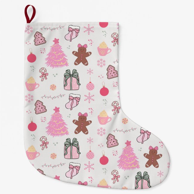 Pink Christmas Pattern Large Christmas Stocking (Front)