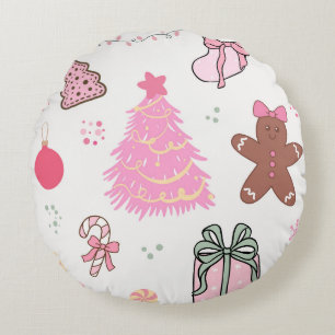 Pink Christmas Pattern Round Pillow