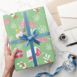 Pink Christmas Pattern With Green Background Wrapping Paper