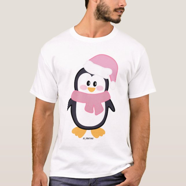 Pink Christmas Penguin Basic Men's T-shirt (Front)
