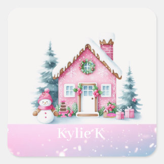 Pink Christmas Personalized Gingerbread House Square Sticker