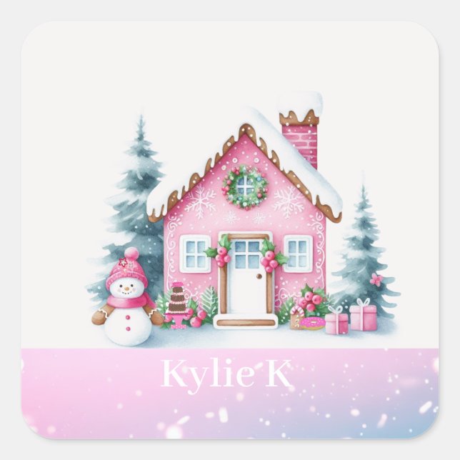 Pink Christmas Personalized Gingerbread House  Square Sticker (Front)