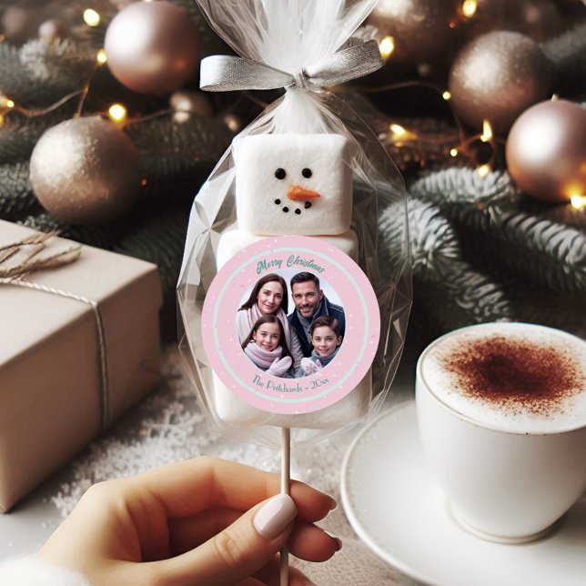 Pink Christmas Photo Classic Round Sticker (Creator Uploaded)