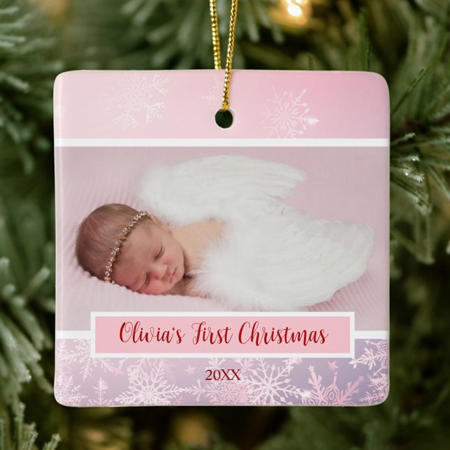 Pink Christmas Photo Snowflake First Christmas Ceramic Ornament (My First Christmas Snowflake Baby Photo Ornament, Pink Christmas, Winter Wonderland, Elegant, Girly)