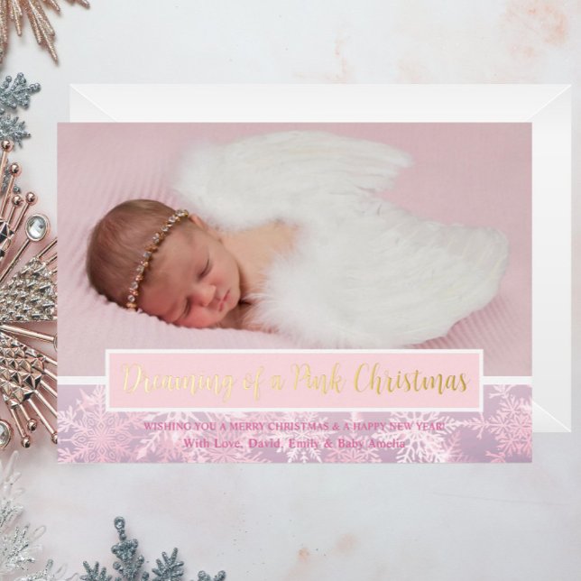 Pink Christmas Photo Snowflake First Christmas Foil Holiday Card (Dreaming of a Pink Christmas Holiday Foil Christmas Card, Birth Announcement Baby Girl Photo, Family)