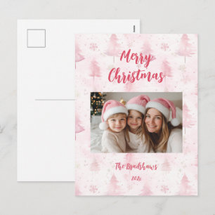 Pink Christmas Pine Trees Photo Holiday Postcard