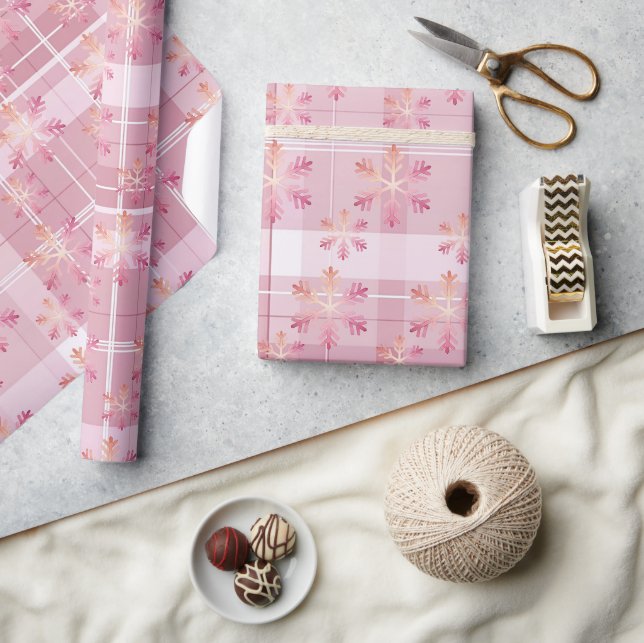 Pink Christmas Plaid Lovely Snowflakes  Wrapping Paper (Crafts)