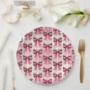 Pink Christmas Plaid Santa Bows   Paper Plate