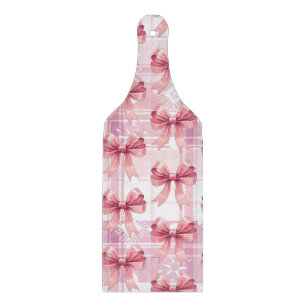 Pink Christmas Plaid Snowflakes Bow Coquette  Cutting Board