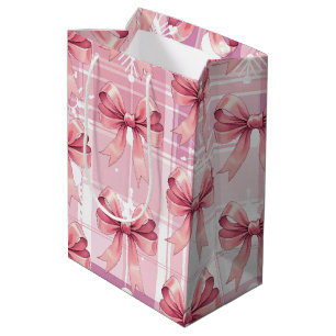 Pink Christmas Plaid Snowflakes Bow Coquette Medium Gift Bag