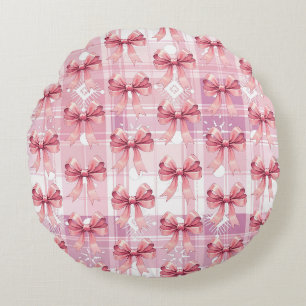 Pink Christmas Plaid Snowflakes Bow Coquette Round Pillow