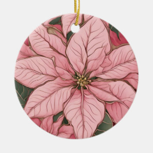 Pink Christmas Poinsettia Design Ceramic Ornament