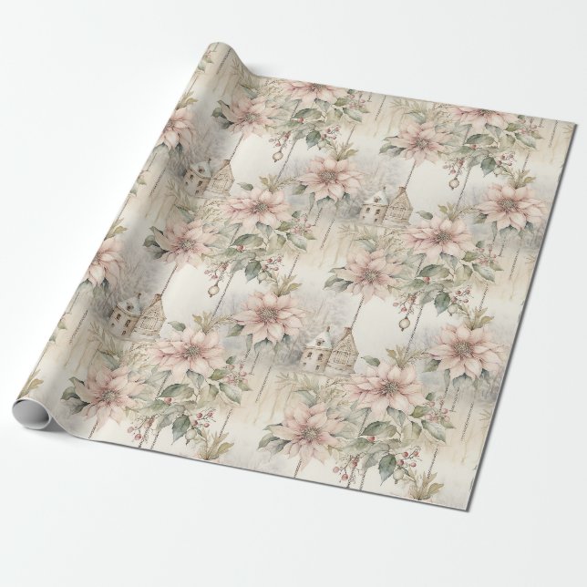 Pink Christmas Poinsettia Dreams Wrapping Paper (Unrolled)