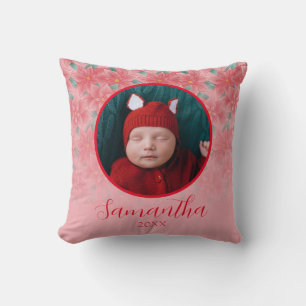 Pink Christmas Poinsettia Personalized Baby Photo Throw Pillow