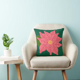 Pink Christmas Poinsettia Throw Pillow