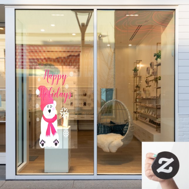 Pink Christmas Polar Bear Window Cling (Store Window)