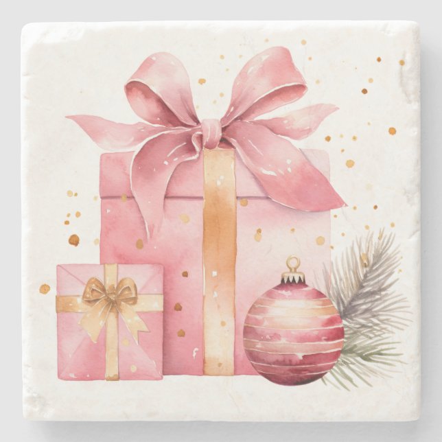Pink Christmas Presents Stone Coasters (Front)