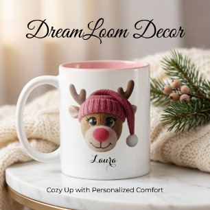 Pink Christmas Reindeer Custom Name Two-Tone Coffee Mug