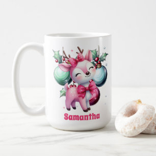 Pink Christmas Reindeer Nom personnalisé Mug