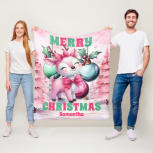 Pink Christmas Reindeer Personalized Kids Name Fleece Blanket