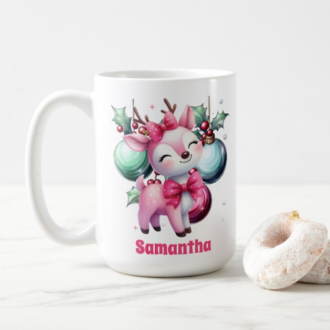 Pink Christmas Reindeer Personalized Name Mug (With Donut)