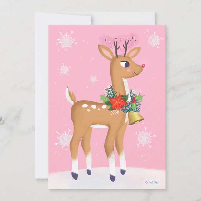 Pink Christmas Retro Rudolph Personalize Flat Card (Front)