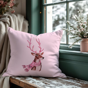 Pink Christmas Retro Vintage Reindeer Monogram Throw Pillow