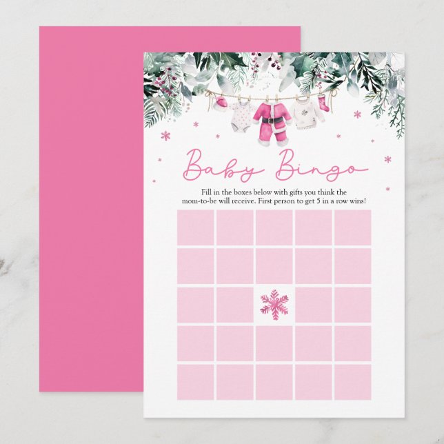 Pink Christmas Santa Baby Bingo Baby Shower Game Invitation (Front/Back)