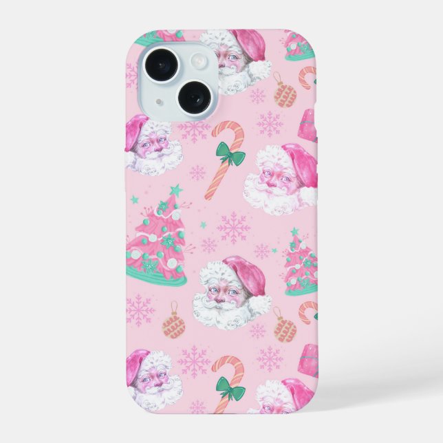 Pink Christmas Santa Clau & Tree Seamless Pattern iPhone 15 Case (Back)